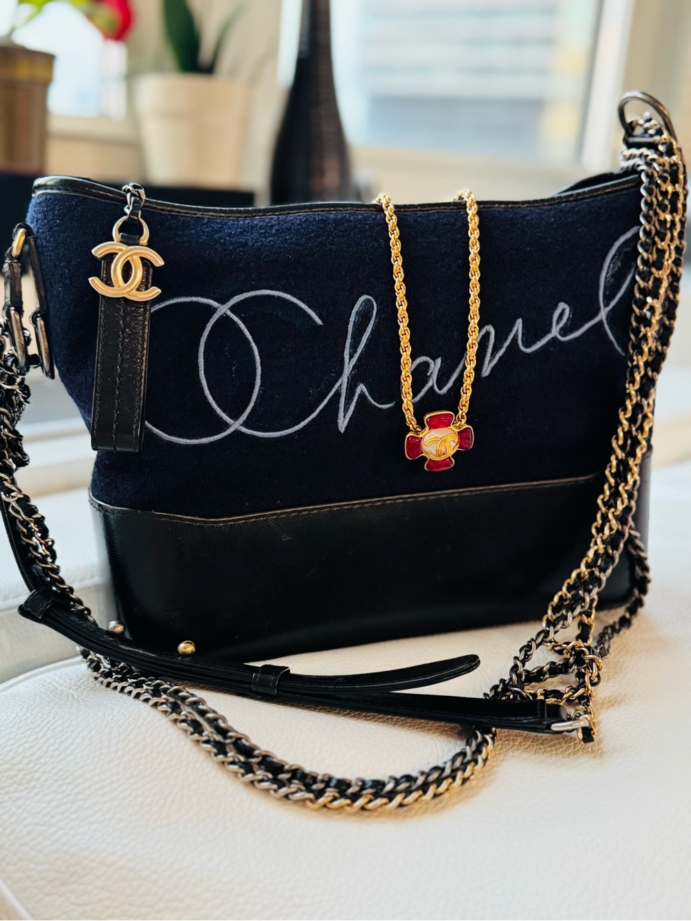 Chanel Gabrielle Medium Navy Paris Hamburg Collection Wool Bag Multi-Metal Chain